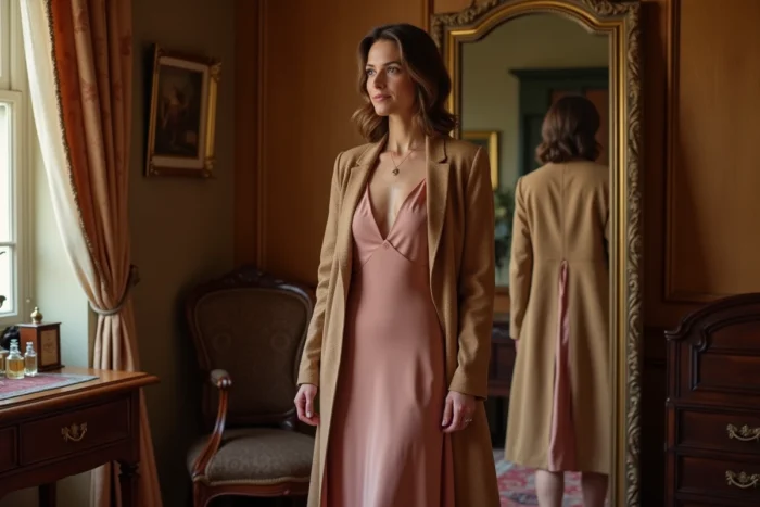 Femme sophistiquée dans une robe en soie et blazer camel devant un miroir ancien dans un dressing élégant