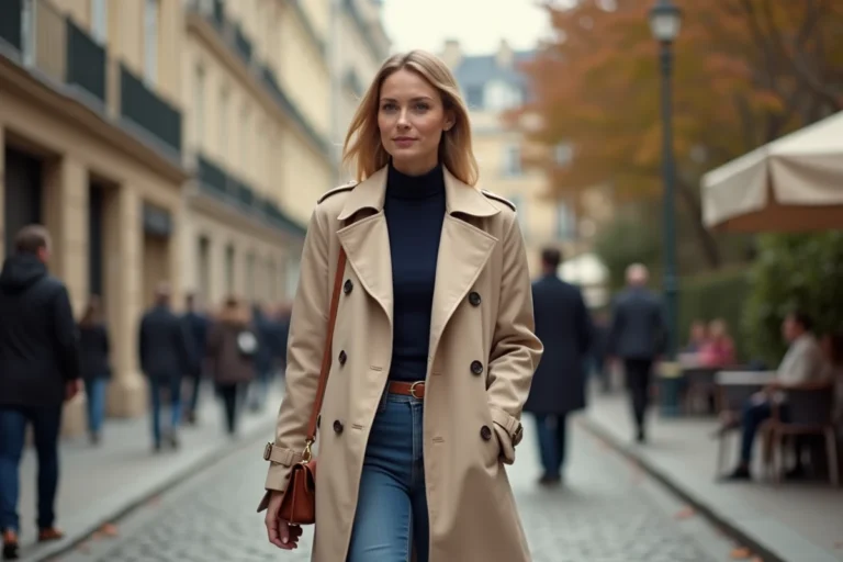 Femme élégante en manteau trench crème marchant dans une rue pavée parisienne avec un sac en cuir structuré