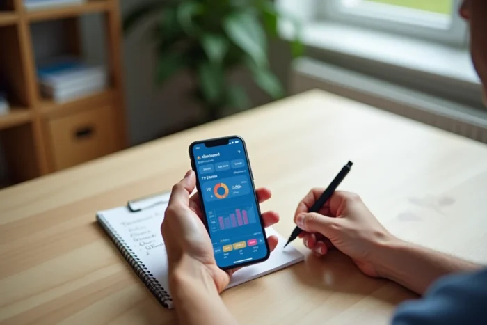 Mains tenant un smartphone affichant un tableau de bord de suivi du diabète avec un carnet de notes