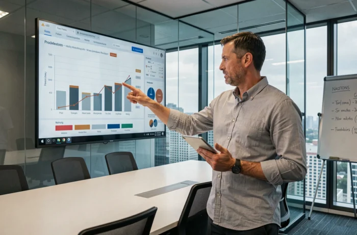 Manager présentant des données analytiques sur écran interactif dans une salle de réunion d'entreprise moderne avec vue sur la ville