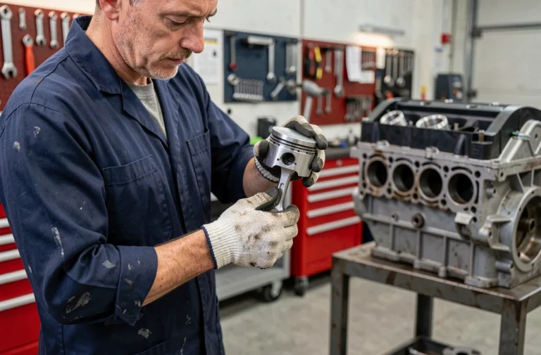 Mécanicien professionnel tenant un piston forgé en aluminium dans un atelier automobile équipé