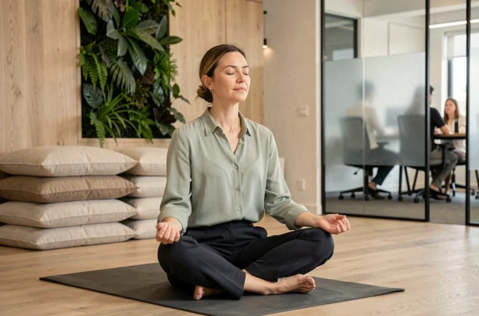 Femme professionnelle pratiquant la méditation dans une salle bien-être en entreprise avec mur végétal