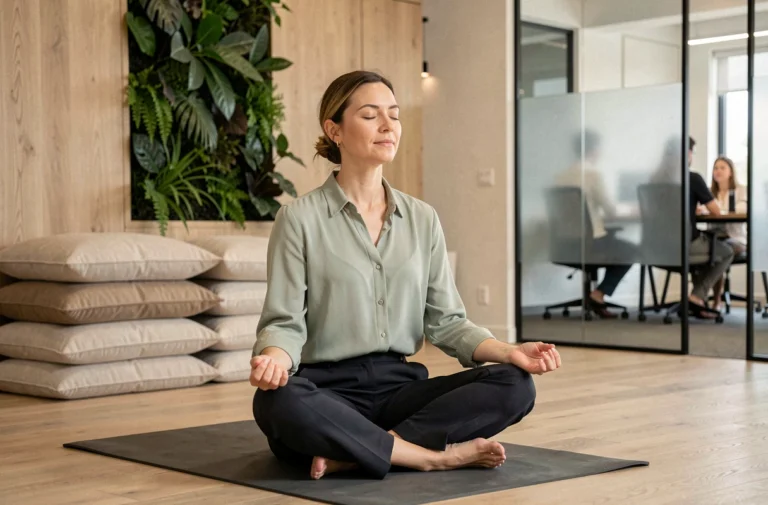 Femme professionnelle pratiquant la méditation dans une salle bien-être en entreprise avec mur végétal