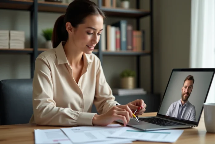 Une femme en consultation avec un courtier de Meilleurtaux pour un crédit consommation en ligne