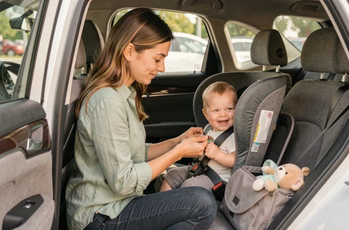 Jeune mère attachant son bébé dans un siège auto lors d'un voyage en famille