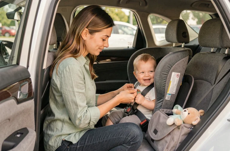 Jeune mère attachant son bébé dans un siège auto lors d'un voyage en famille