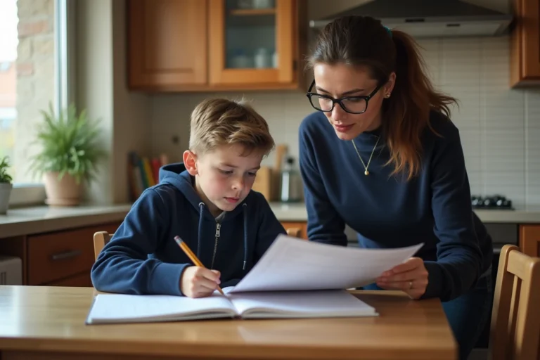 Mère et collégien préparant ensemble les nouvelles exigences scolaires de la rentrée 2026 à la table de cuisine