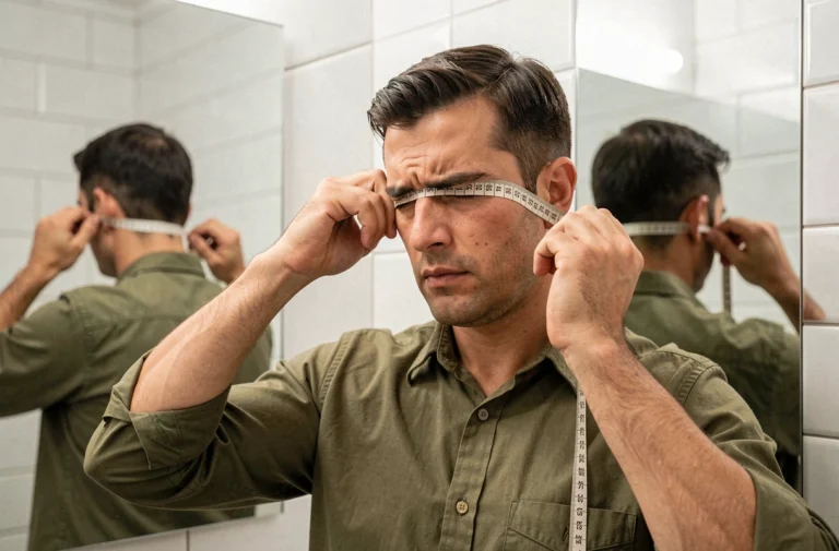 Homme mesurant son tour de tête avec un mètre ruban souple pour choisir la bonne taille de casquette