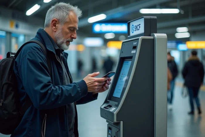 Homme effectuant une modification de billet SNCF sur une borne automatique en gare
