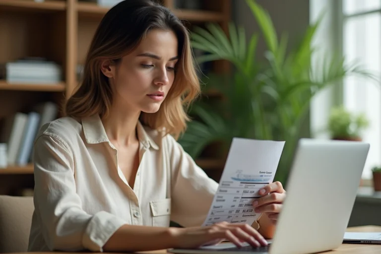 Femme consultant un billet de train SNCF imprimé tout en effectuant une modification en ligne sur son ordinateur portable