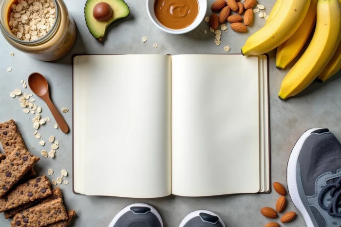 Vue aérienne d'aliments essentiels pour la nutrition sportive disposés sur fond en béton avec un carnet d'entraînement et des chaussures de running