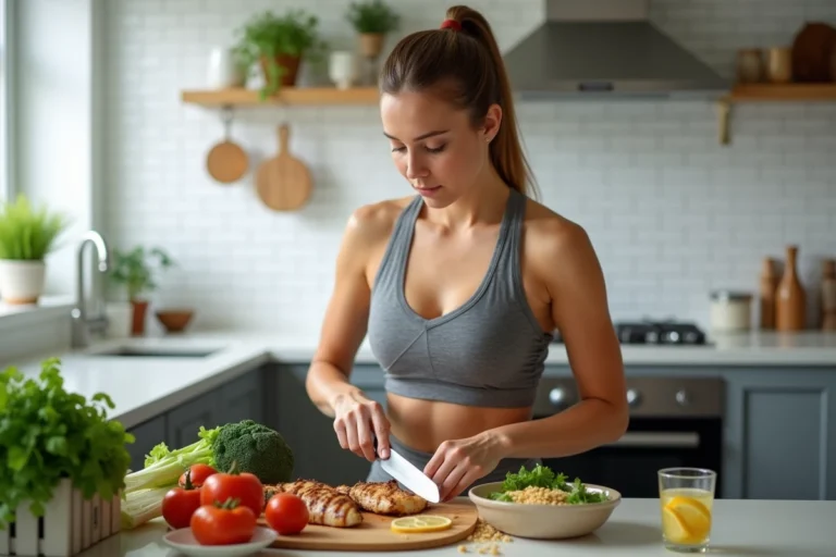Sportive préparant un repas équilibré après l'entraînement avec des aliments riches en protéines et en nutriments dans une cuisine moderne