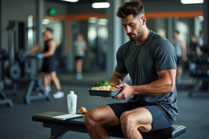 Sportif consultant son plan nutritionnel et mangeant un repas riche en protéines dans une salle de sport professionnelle