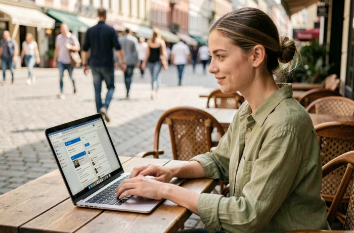 Jeune professionnelle optimisant le contenu de son site pour le référencement naturel depuis une terrasse de café en ville