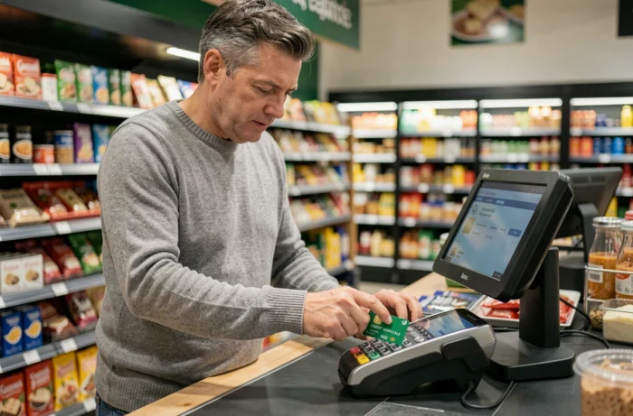 Homme effectuant un paiement sans contact avec une carte Crédit Agricole en supermarché