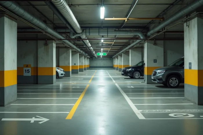 Parking souterrain en béton avec emplacements numérotés et véhicules garés