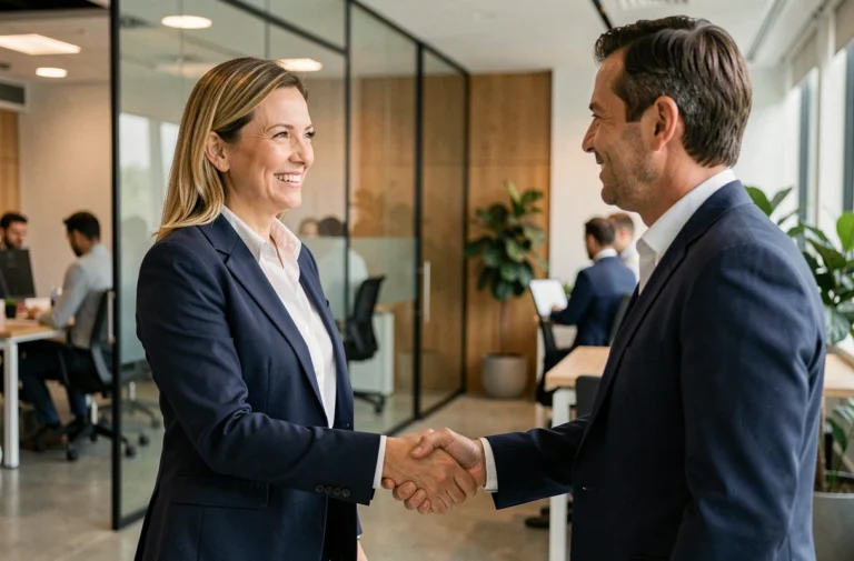 Deux professionnels B2B en costume concluent un partenariat commercial dans un bureau moderne avec des cloisons en verre