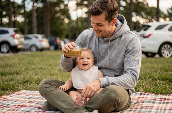 Père nourrissant son bébé lors d'une pause pique-nique pendant un voyage en voiture