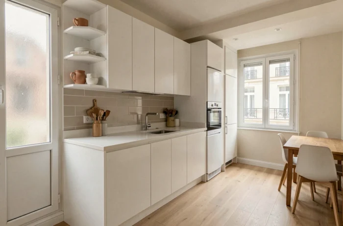 Vue grand angle d'une petite cuisine moderne aménagée pour paraître spacieuse, avec des placards blancs du sol au plafond et un plan de travail en quartz épuré