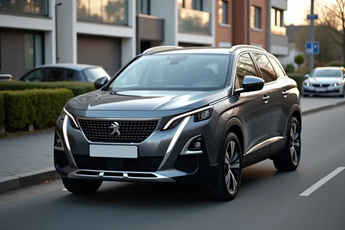 Vue extérieure trois quarts avant d'un Peugeot 5008 SUV gris foncé garé en milieu urbain