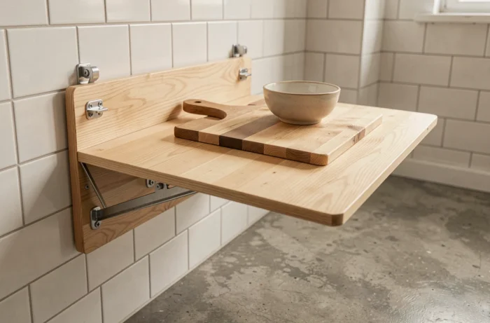 Plan de travail rabattable en bois de bouleau fixé au mur dans une petite cuisine, replié pour libérer l'espace ou déplié pour préparer les repas