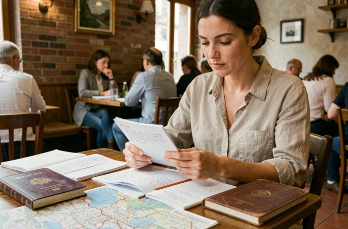 Femme planifiant un voyage dans un café européen avec cartes, passeport et journal de voyage sur une table en bois