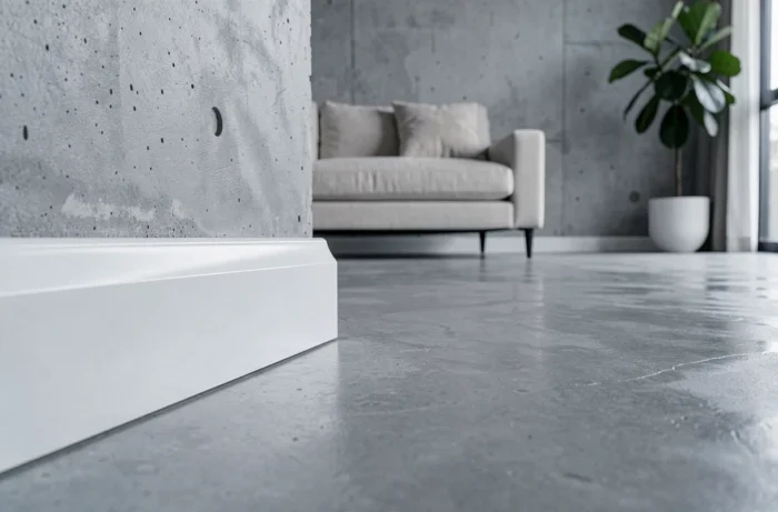 Plinthe blanche laquée au ras d'un sol en béton ciré dans un salon minimaliste contemporain