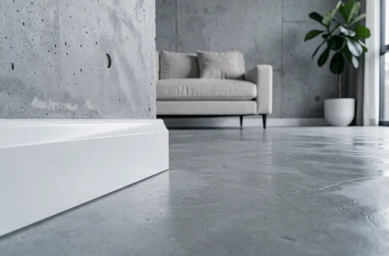 Plinthe blanche laquée au ras d'un sol en béton ciré dans un salon minimaliste contemporain