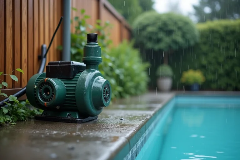 Pompe de piscine extérieure sous la pluie avec gouttes d'eau visibles sur le boîtier et le sol mouillé