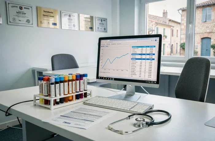 Poste de travail d'un laboratoire d'analyse médicale certifié avec résultats biologiques et échantillons au Cannet des Maures