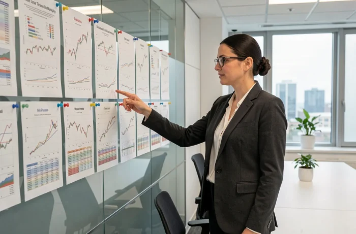 Femme analyste présentant des graphiques de performance d'indices boursiers européens dans une salle de réunion d'entreprise