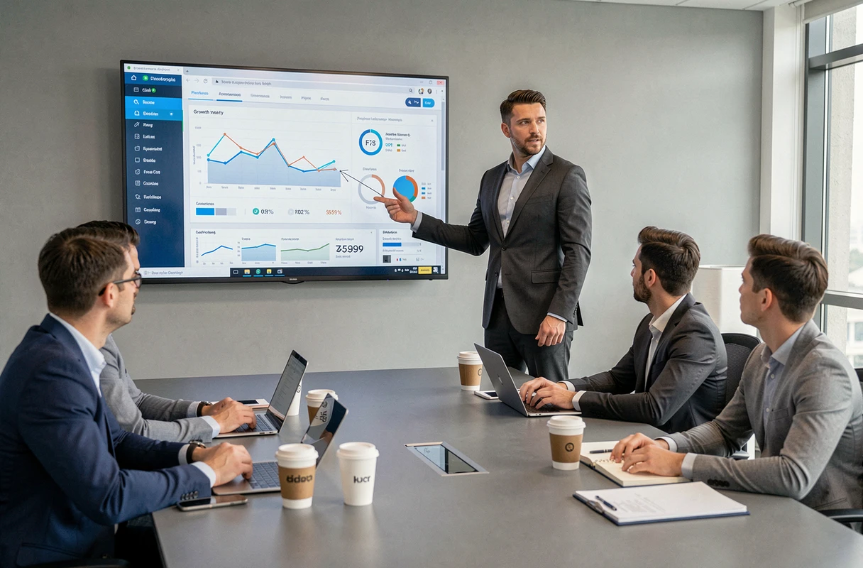 Un responsable B2B présente une stratégie de croissance sur un tableau de bord numérique lors d'une réunion d'équipe en salle de conférence