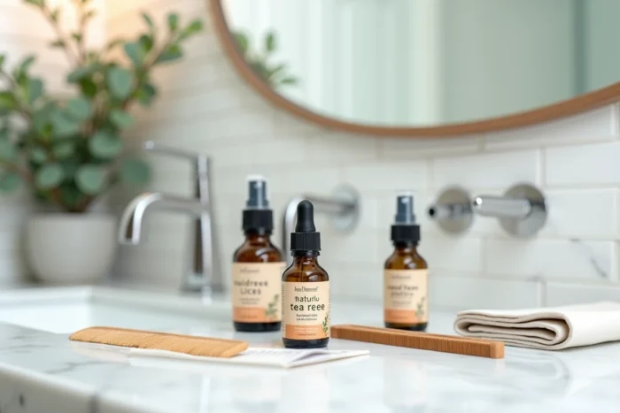Produits naturels contre les poux alignés sur un comptoir en marbre, incluant huile essentielle d'arbre à thé et peigne à poux en bois