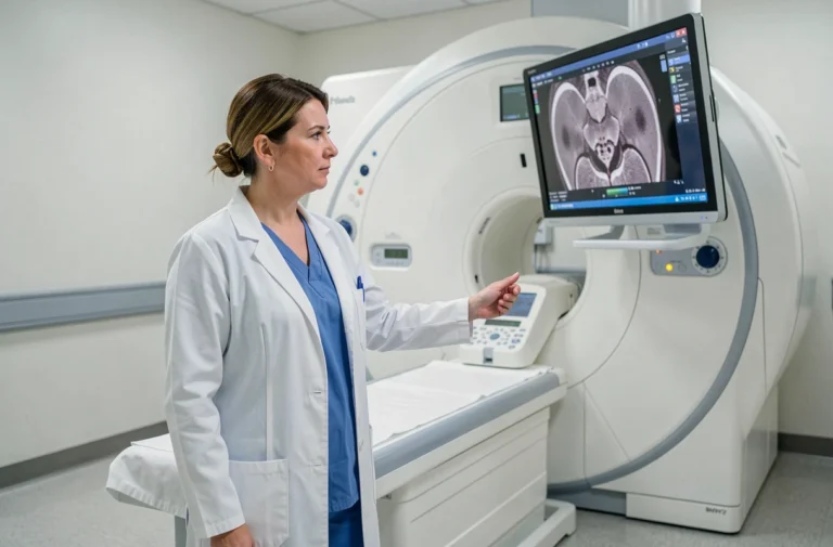 Radiologue féminine examinant les résultats d'une IRM pelvienne sur écran dans un service de radiologie hospitalière