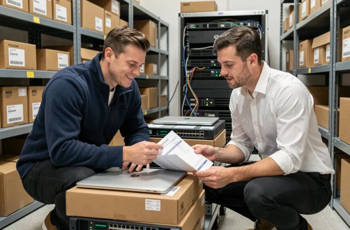 Deux employés d'une start-up en pleine expansion réceptionnant du matériel informatique loué livré dans une salle de stockage