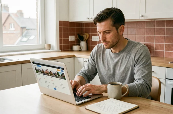 Homme recherchant des offres immobilières en ligne sur son ordinateur portable dans son appartement