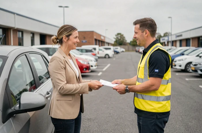 Femme remettant son véhicule à un agent logistique lors d'une collecte pour transport automobile