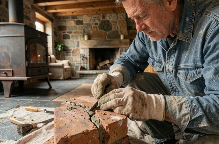Artisan réparant une brique réfractaire fissurée dans un poêle à bois avec du ciment réfractaire et une spatule