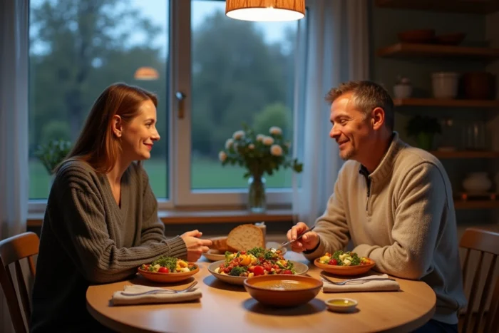 Couple dînant ensemble autour d'un repas du soir sain composé de salade colorée, soupe de lentilles et pain complet dans une salle à manger scandinave