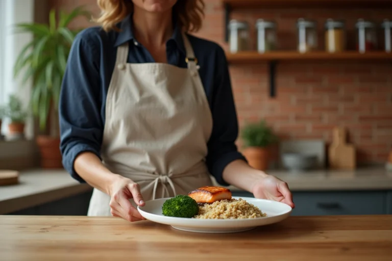 Femme préparant un repas du soir équilibré avec saumon grillé, brocolis et quinoa dans une cuisine moderne en bois et céramique