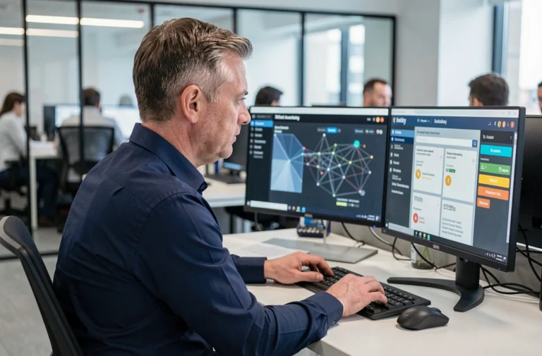Responsable informatique analysant un tableau de bord de cybersécurité pour évaluer les risques numériques de son entreprise