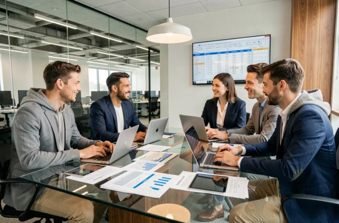 Équipe d'une start-up en réunion discutant de la stratégie de location de matériel informatique autour d'une table en verre