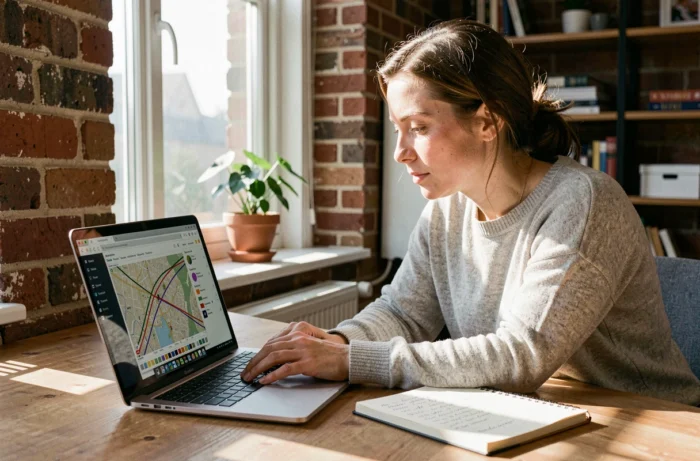 Femme consultant un outil de trajectoire solaire sur Google Maps depuis son bureau à domicile pour évaluer l'ensoleillement d'une propriété