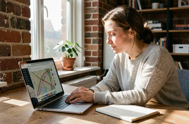 Femme consultant un outil de trajectoire solaire sur Google Maps depuis son bureau à domicile pour évaluer l'ensoleillement d'une propriété