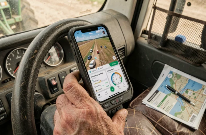 Smartphone monté sur tableau de bord d'un tracteur affichant une application de gestion de flotte agricole en temps réel