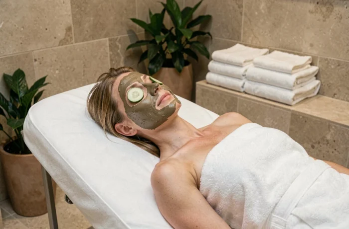Femme en soin visage avec masque à l'argile dans un spa haut de gamme