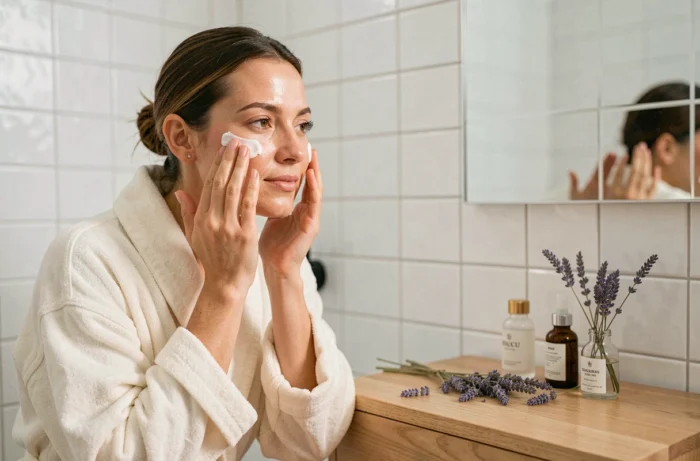 Femme appliquant une crème visage hydratante dans une salle de bain minimaliste aux tons naturels