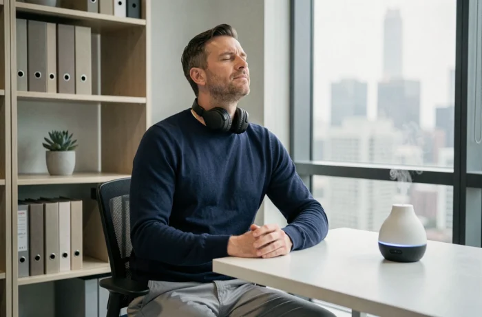 Professionnel masculin utilisant une solution bien-être individuelle avec diffuseur d'aromathérapie dans son bureau