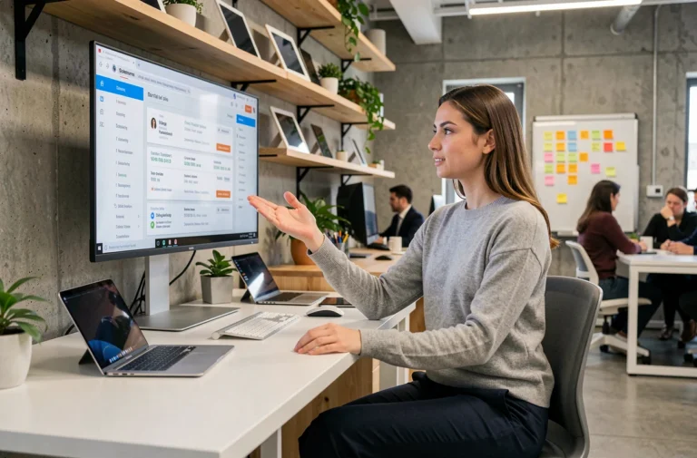 Jeune femme dirigeant une start-up examenant des contrats de location informatique sur un écran dans un bureau moderne en open-space
