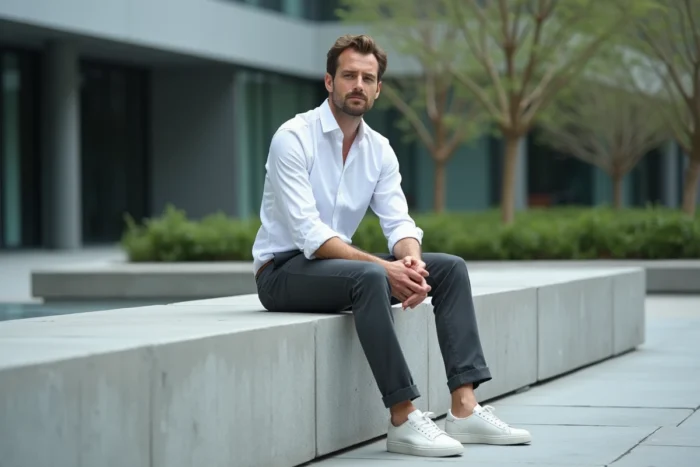 Homme au style chic décontracté en chemise Oxford blanche et pantalon gris assis dans une place urbaine moderne